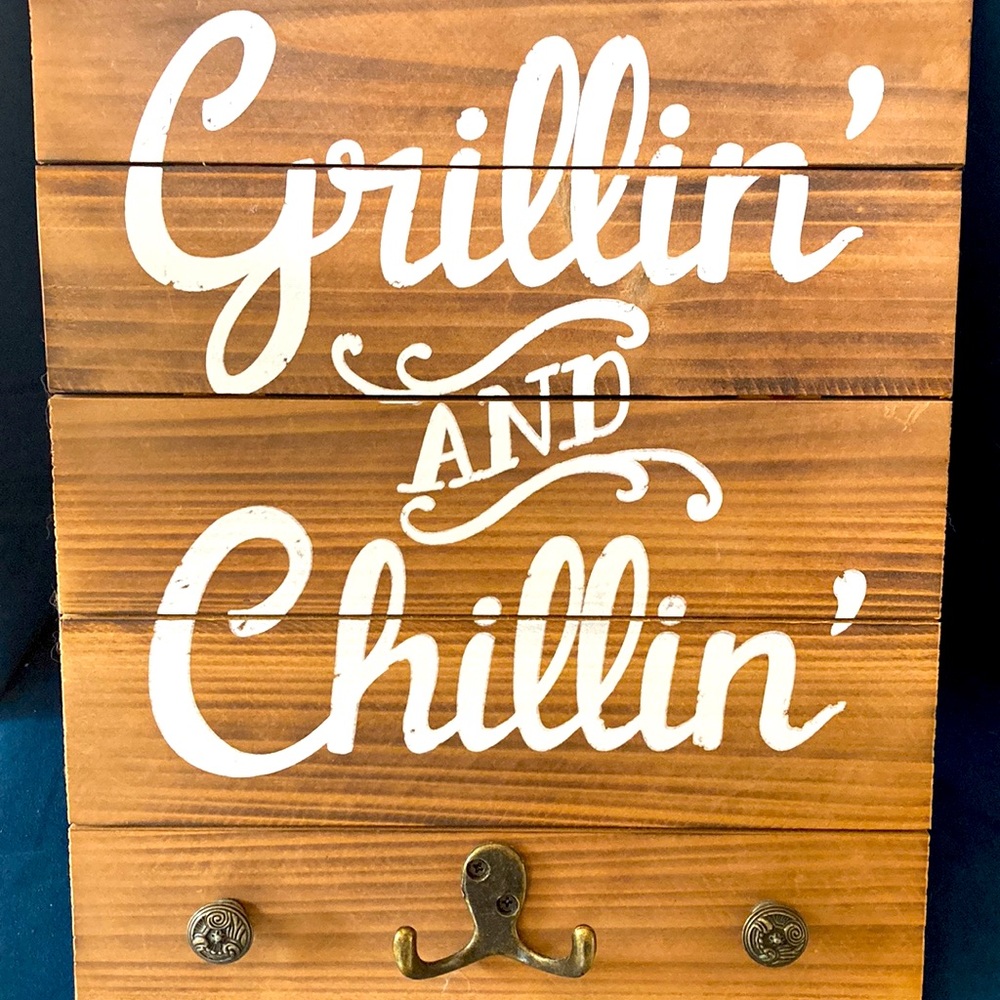 BBQ Grilling summer wooden sign w/utensil hooks Brand New